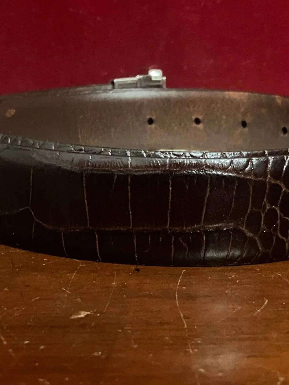 Ralph Lauren Dark Brown Croc-Embossed Leather Belt with Silver Buckle